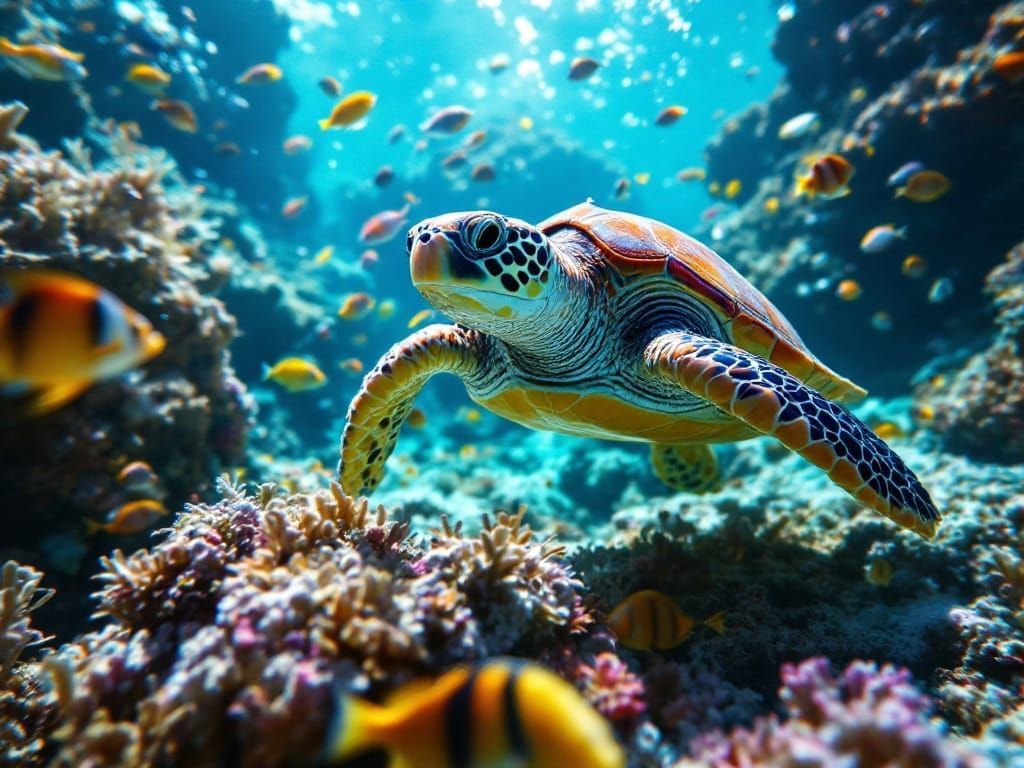 A fluorescent, multicolored sea turtle in a shallow tropical lagoon. Brightly coloured marine fish swim ...  by @BTMO