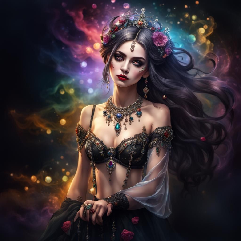 a gothic lady with jewellery,transparent bra ,full body phot...
