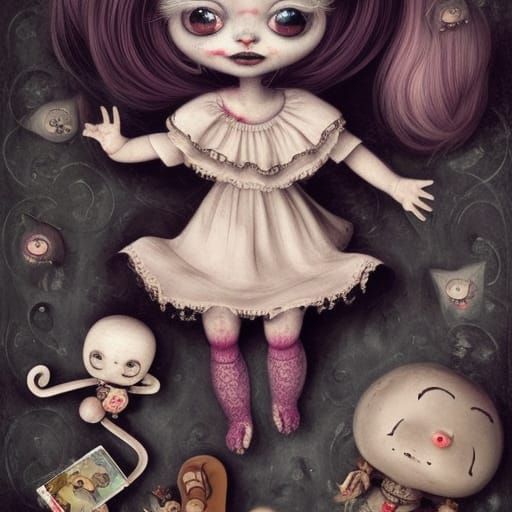 Creepy adorable rag doll on the floor with abandoned toys, Jasmine ...