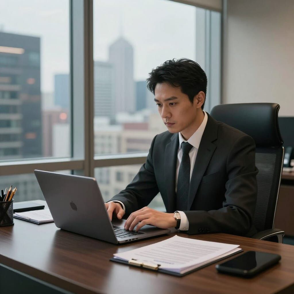 Businessman Focused at Modern Desk in Cinematic Office