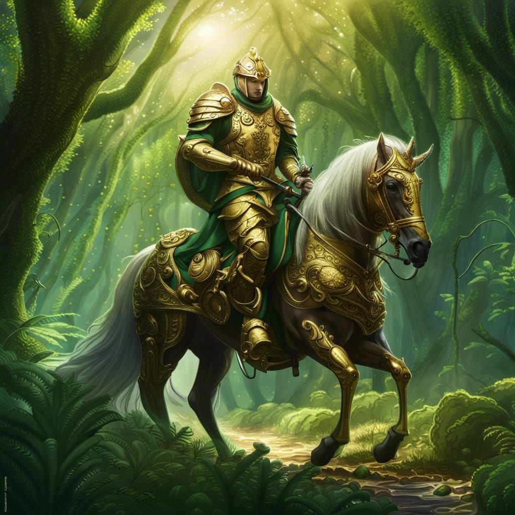 Male Paladin On Horseback In Magical Forest. The Forest Is Very Green 