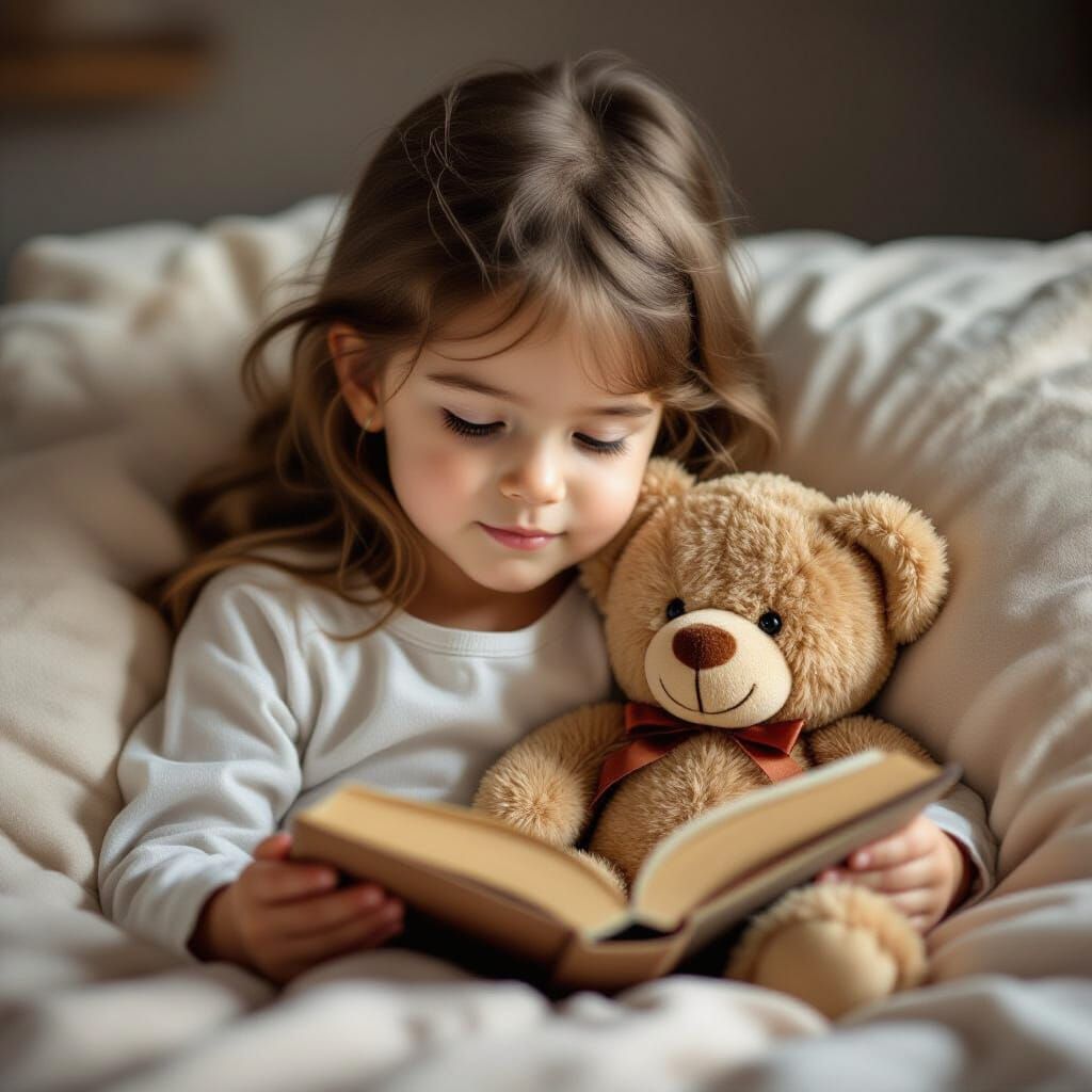 Girl Reads Book to Teddy Bear
