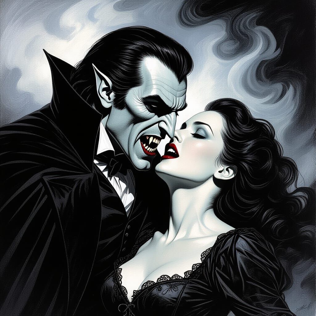 Dracula's Chilling Bite in Dramatic Engraving Style