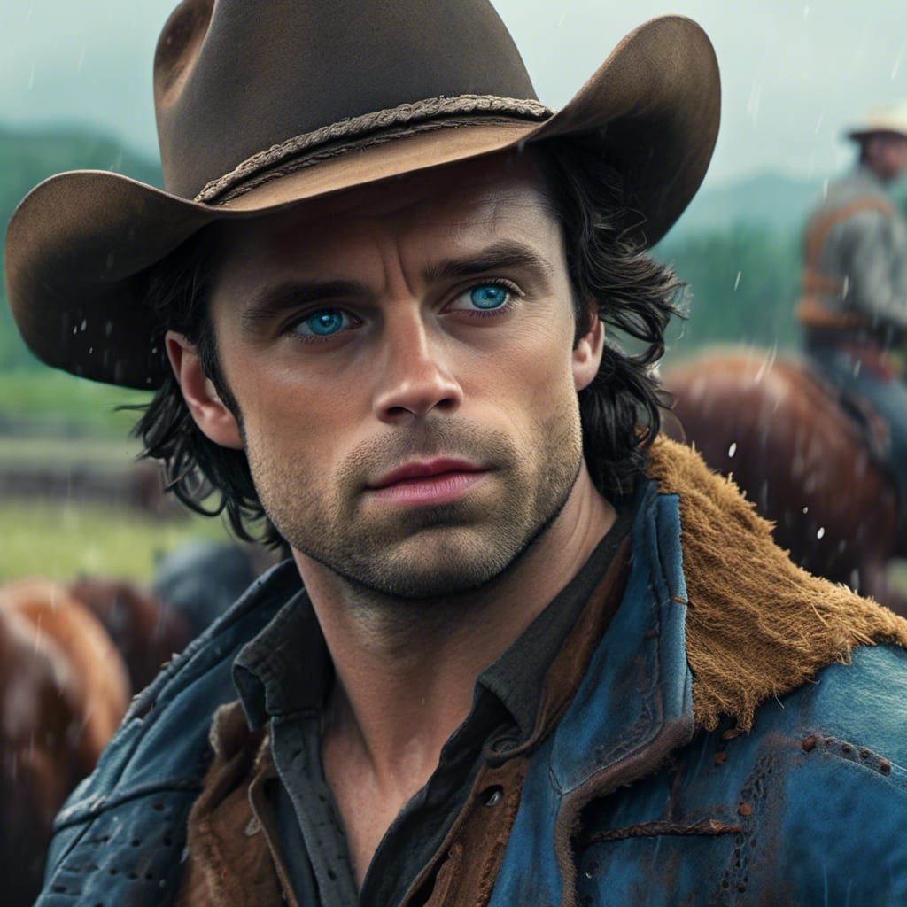Highly detailed  Sebastian Stan as a cattleman, black cowboy...