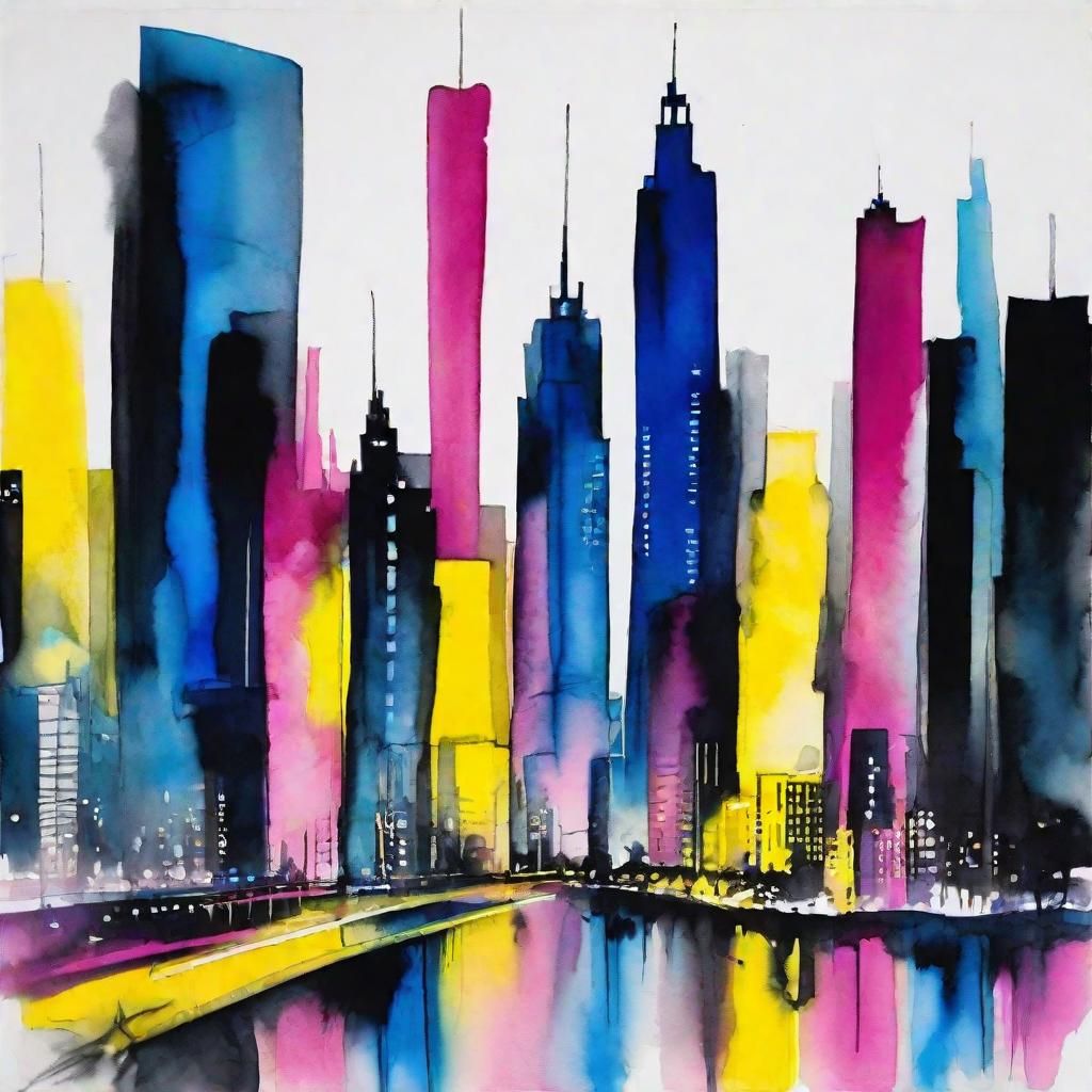 Art by Marlene Dumas, dark and moody futuristic city skyline...