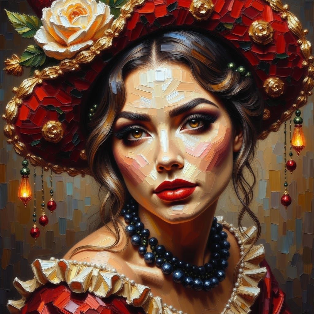 <lora:Oil:1.0> Impasto. Portrait sad female medieval jester. Melancholy. Impasto. Backlit. Style of Michael Garmash 