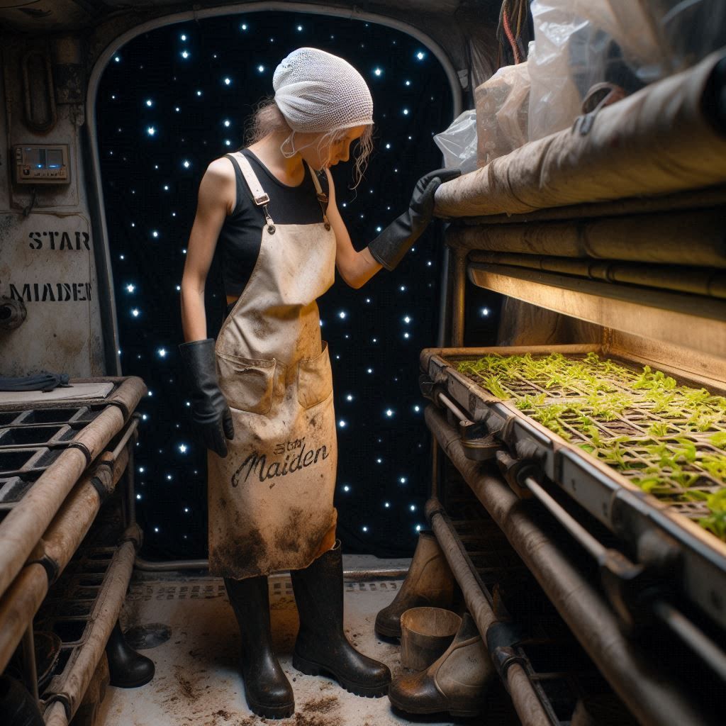 Ship's cook checking the hydroponics bay of an old spacefreighter (7)
