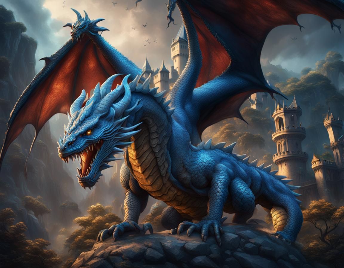 A blue dragon grabbing prince Charming. detailed matte paint...