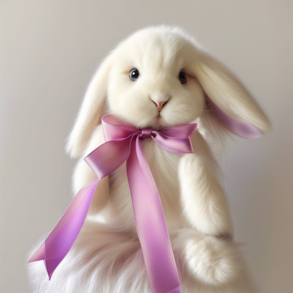 Adorable flopped ear angora bunny with pink purple silk ribb...