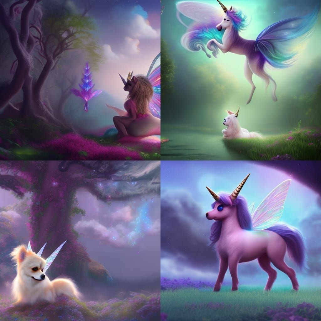 A mix of a pomeranian a unicorn with a fairy
