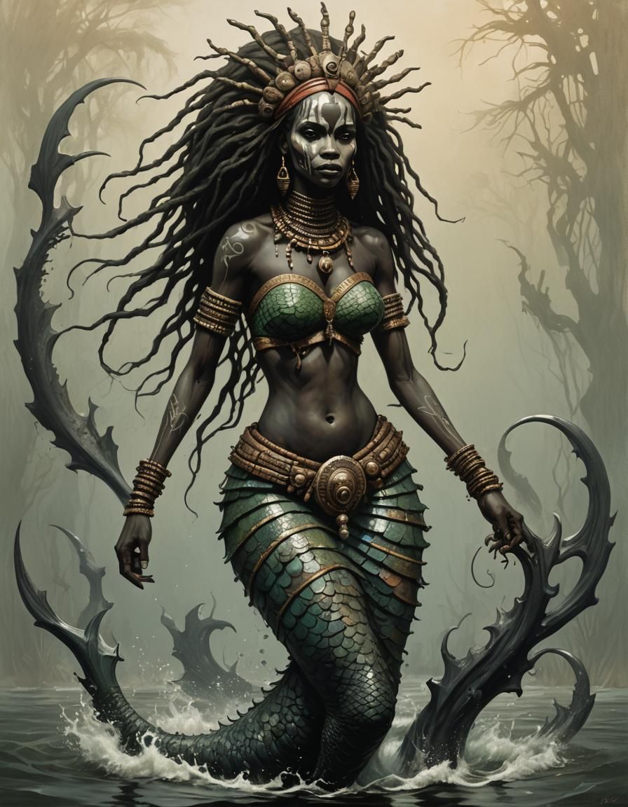 creepy african folk-art traditional tribal mermaid