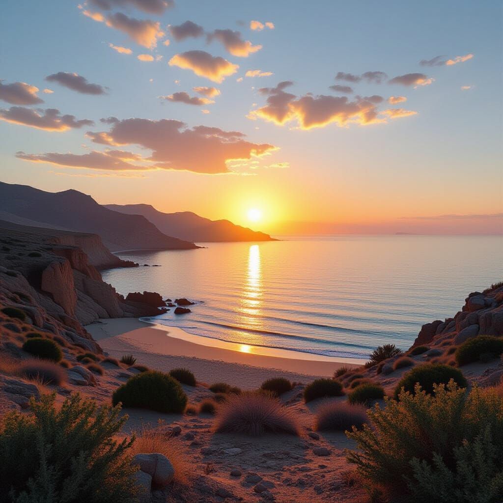 Surreal Desert and Ocean Sunset Landscape