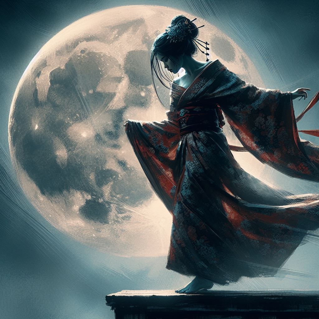 Geisha dancing under moonlight