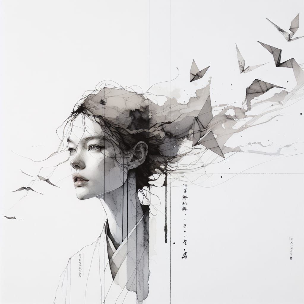 Minimalist Surrealist Portrait of a Woman with Origami Hair