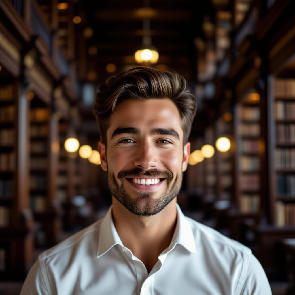 A handsome man in a library,  