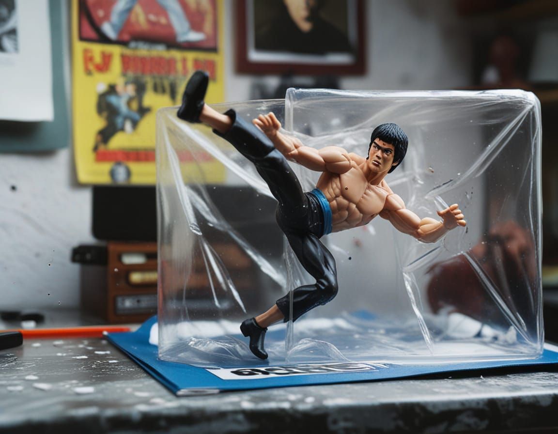 Bruce Lee kicking his way out of a cellophane action figure box  by @Rob