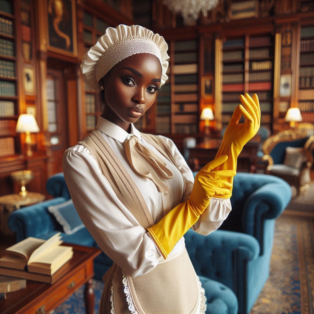 A female Nigerian butler in the library of a posh Egyptian m...