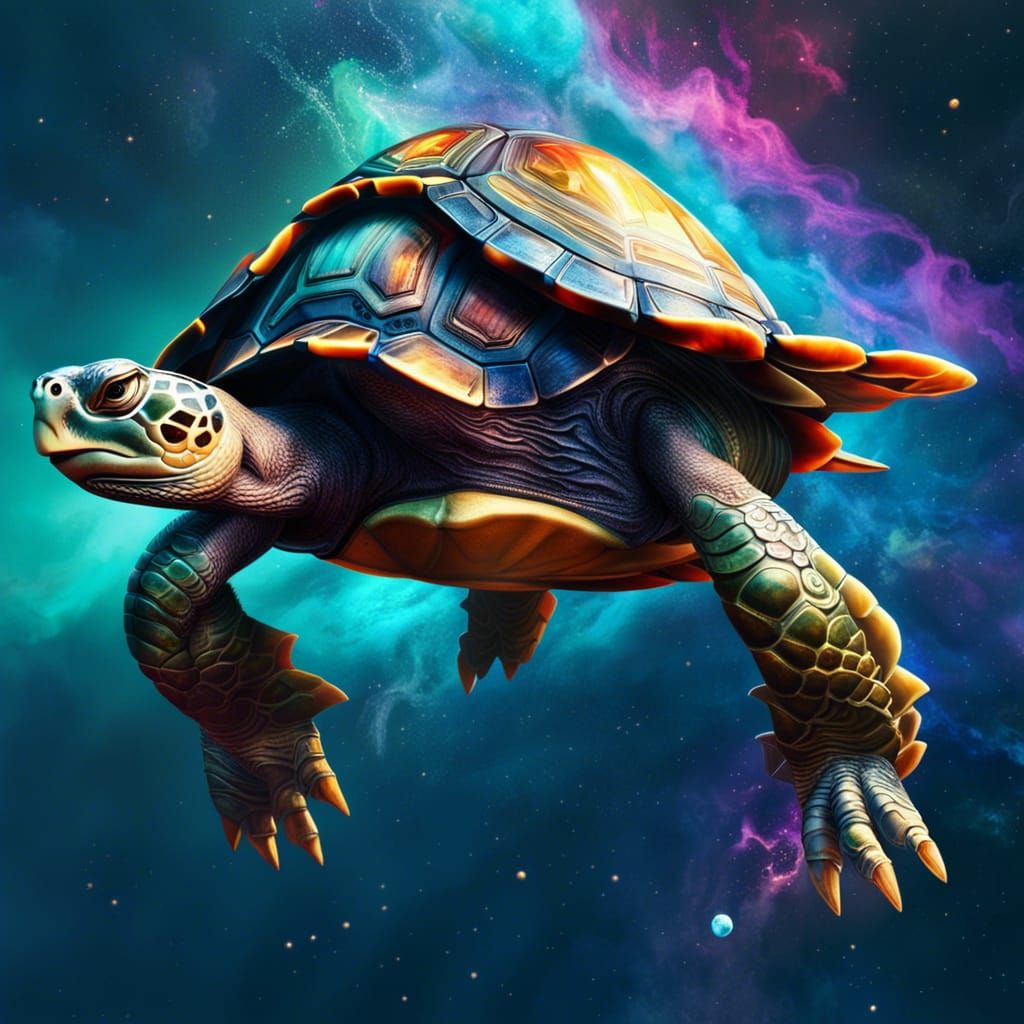 Cyborg turtle flying through space with a jet pack on its back ...