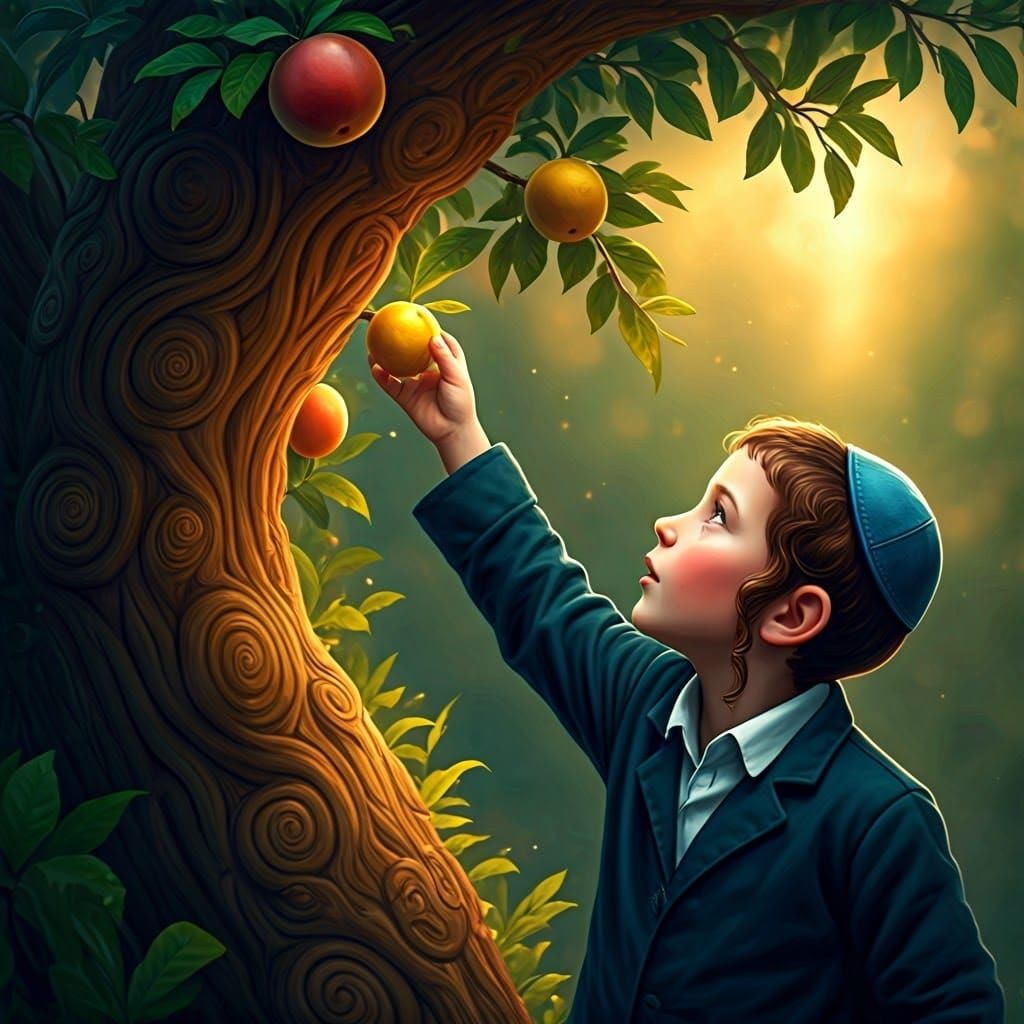 Chasidic Boy Plucks Fruit from Lush Tree in Dreamlike Matte ...