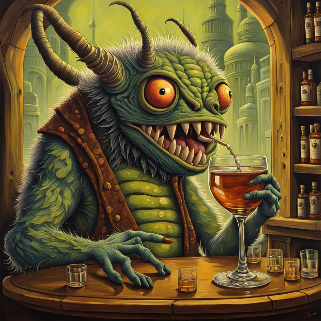 a furry insect monster sipping a glass of whiskey, oil on ca...