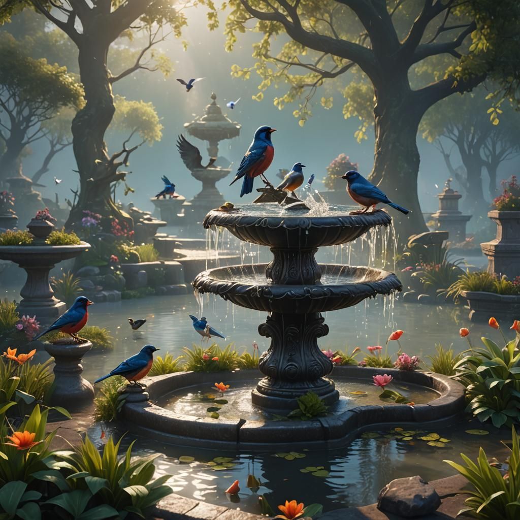 8k fogy morning  beautiful bird bath, birds bathing 3d, magi...