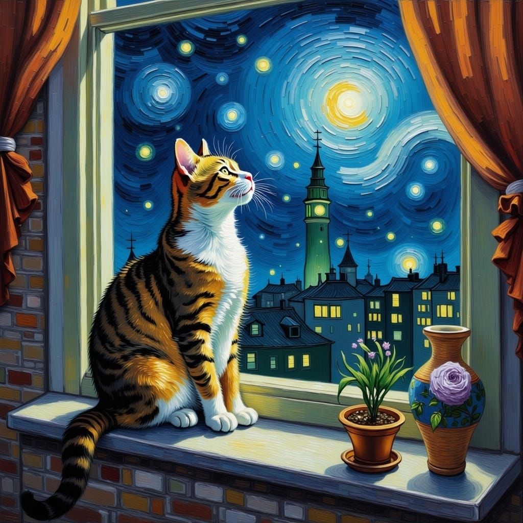 <lora:Van-MO Flux:1.0> A cat sitting on a windowsill and looking out at the night sky, impressionist painting