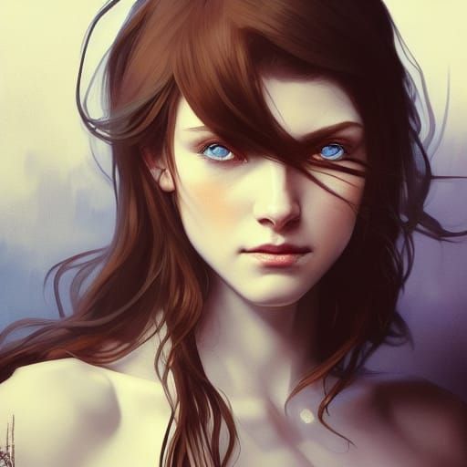 A brown haired girl with blue eyes