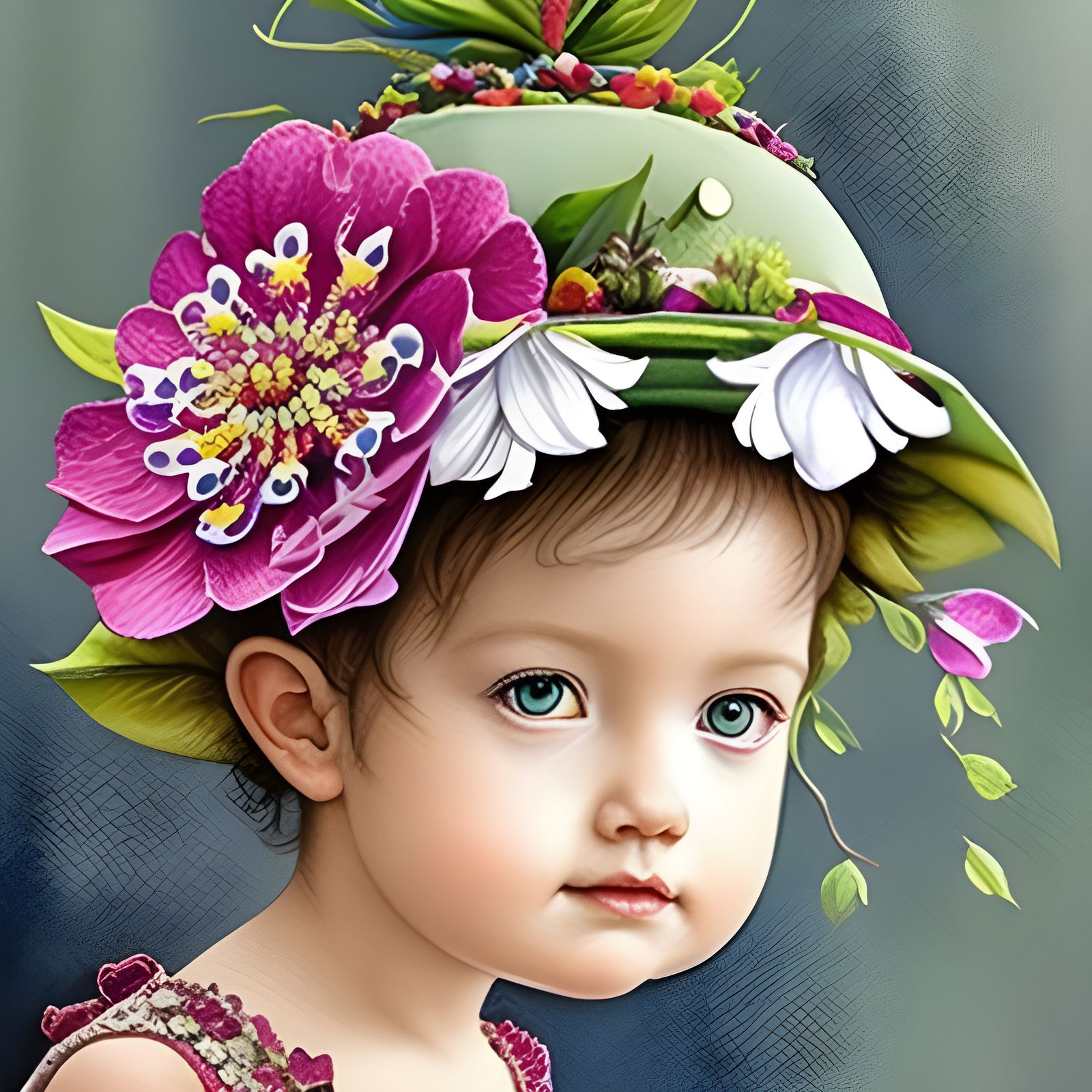 hand drawn watercolor of toddler wearing a delicate flowery hat  by @NewAgerJul