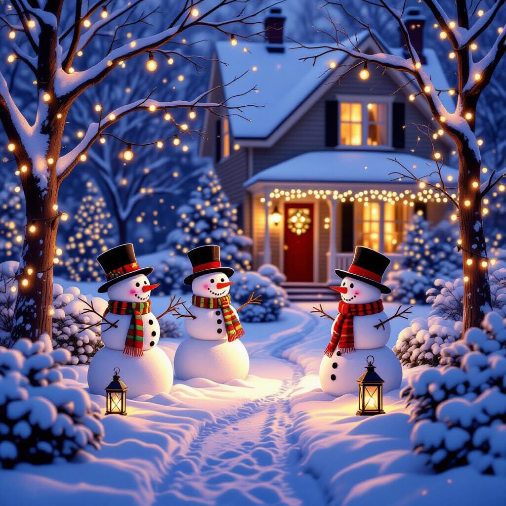 Pupazzi di neve in giardino
"Un giardino innevato davanti a una casa accogliente, tre pupazzi di neve con cappelli e sci...