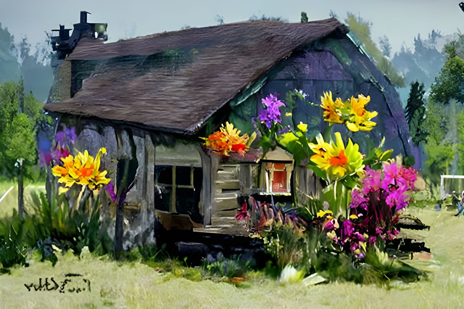 a cottage surrounded by wildflowers watercolor painting by f...