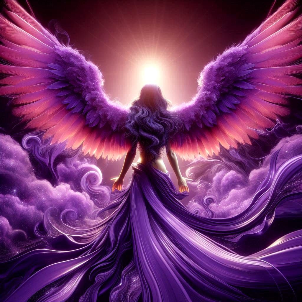 Purple feathers, spreading wings