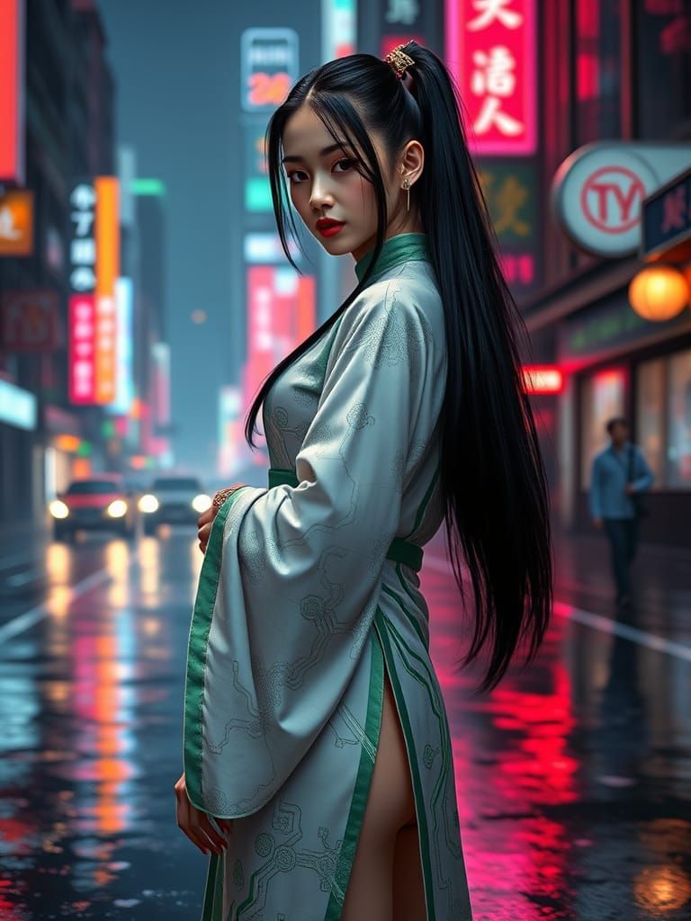 Cyberpunk Goddess in Hanfu and Cybernetic Limb