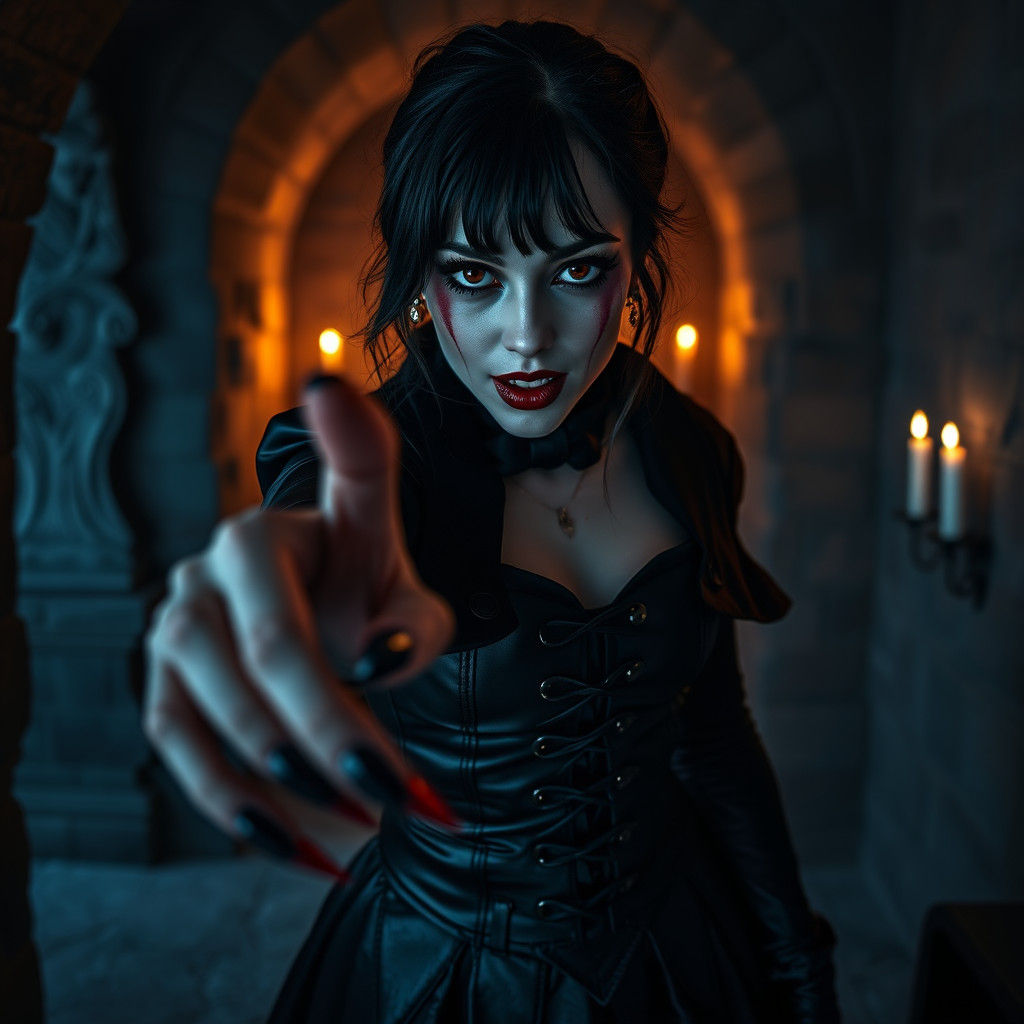 very close to the camera shot photo of a beautiful goth vampiress reaching for the camera, her visage ...  by @J E thetford