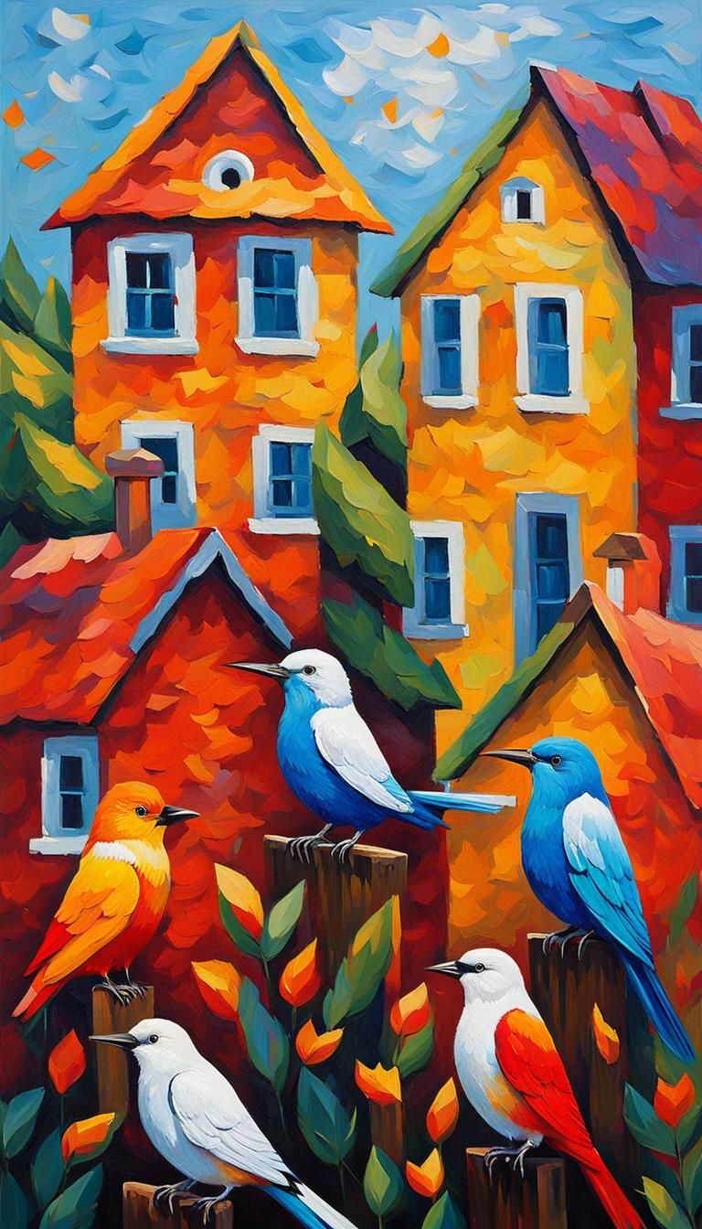 cute birds in front of some houses