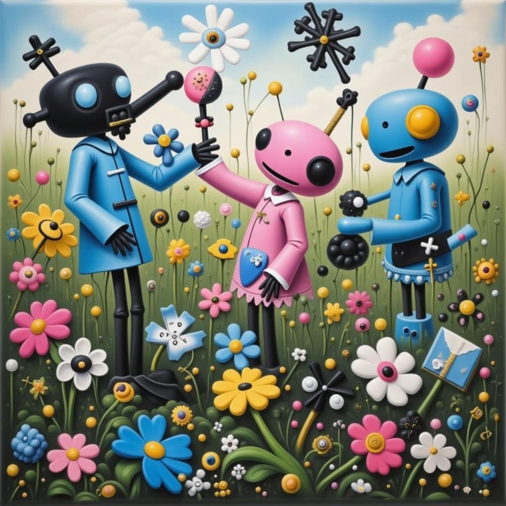 <lora:PINK CROSS CHURCH:1.0> Cute robots in a flower garden