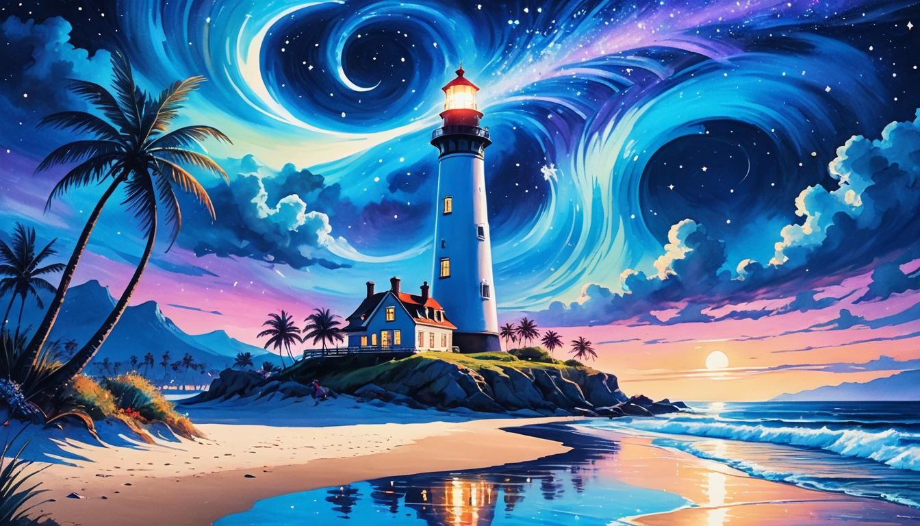 lighthouse on the beach at starry night