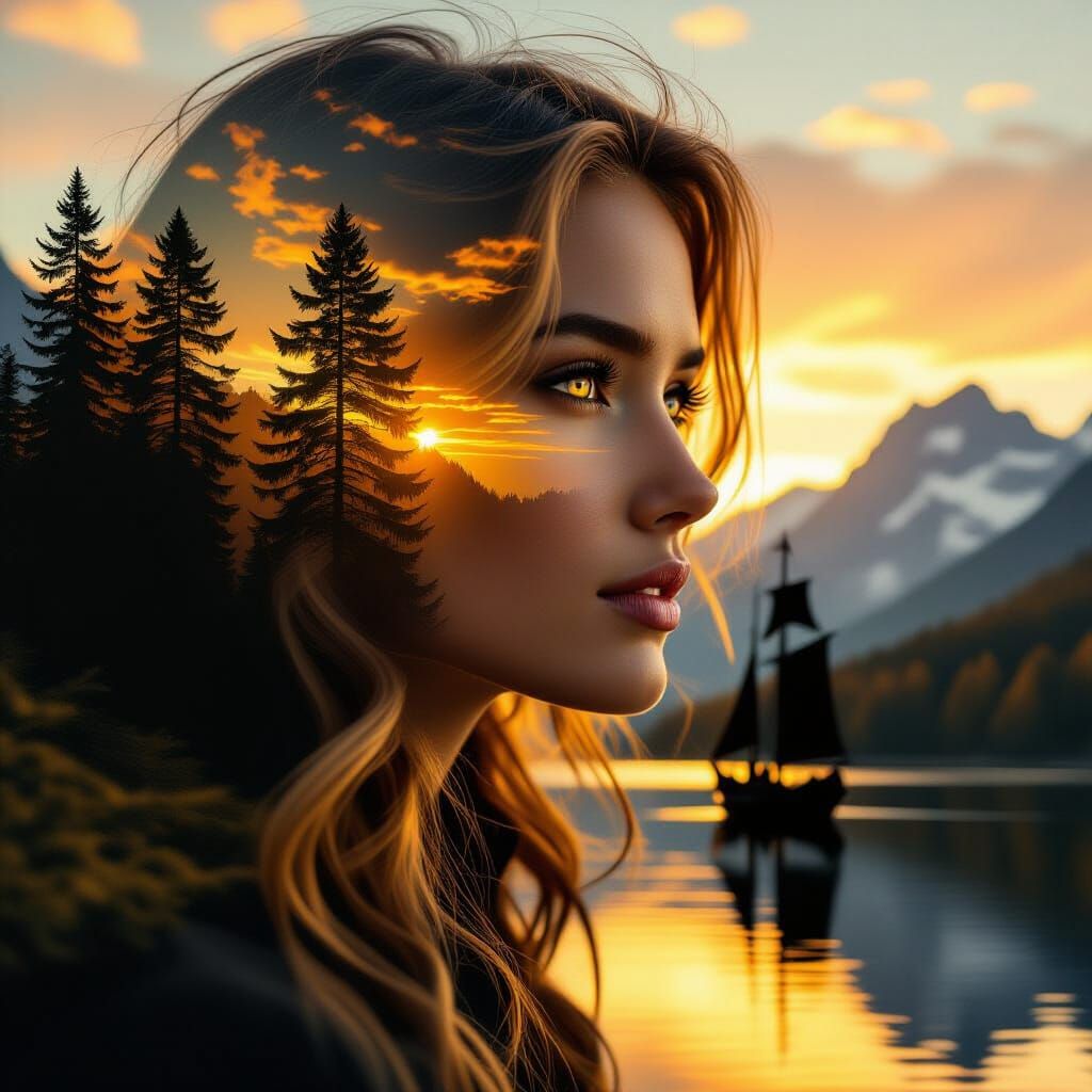 A surreal fantasy artwork of a woman’s face blending seamlessly into a dreamy natural landscape. Her ...  by @HGU