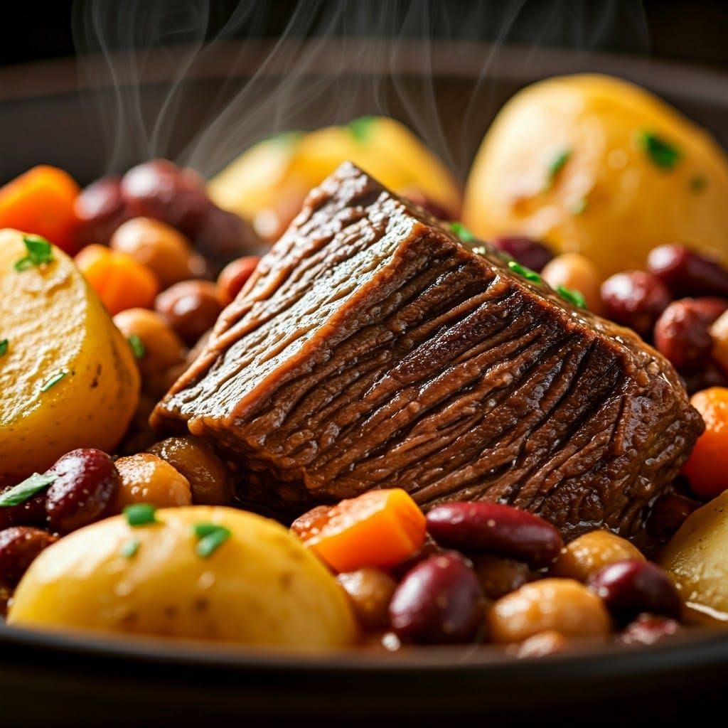 Savory Cholent Feast with Tender Beef and Rich Vegetables