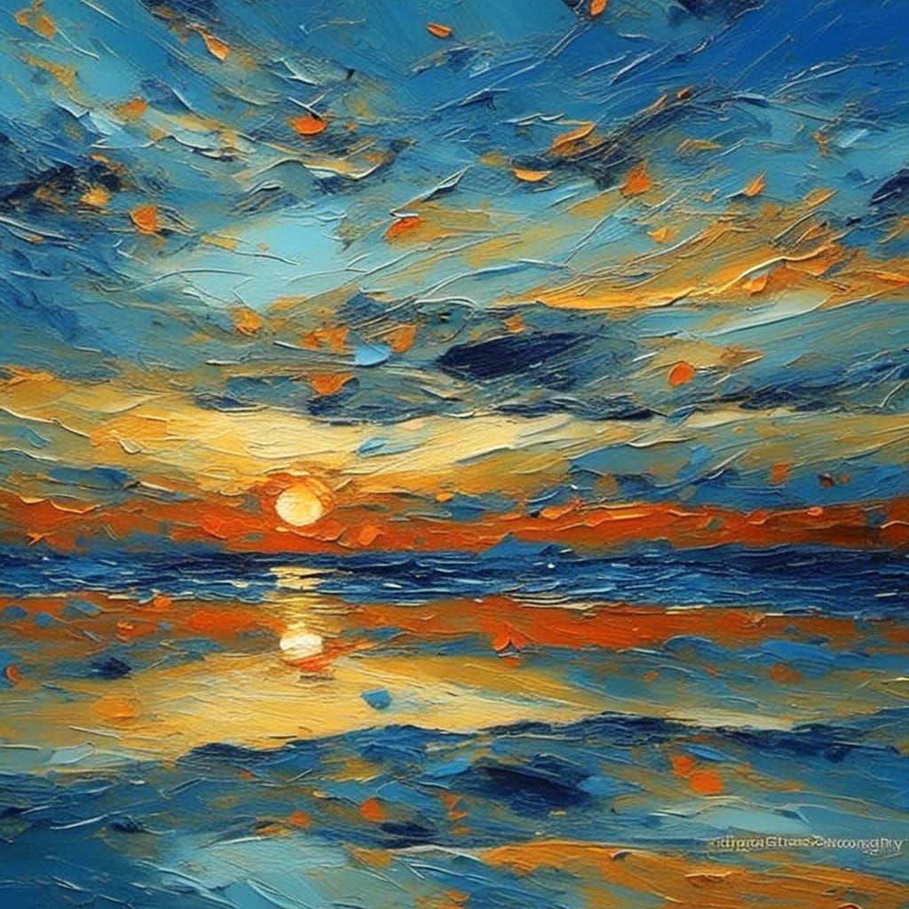 <lora:Impasto1:1.0> (dawn_in_the_sea_blue_sky:1.5,blue_sea:1...