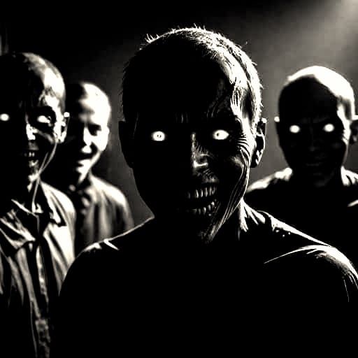 Terrifying gothic horror art creation of very creepy SCZ hallucination shadow people demonic looking creatures all evill...