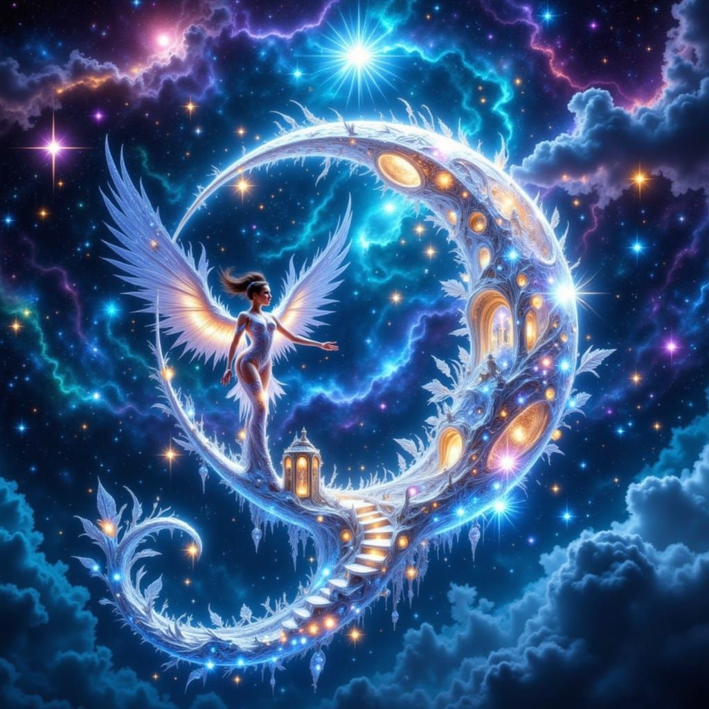 <lora:FiosCrescentMoons:1.0> <lora:Star Angel:1.0>   A majestic star angel in a luminous crescent moon
<fioscrescentmoons>   
luminous cresc...