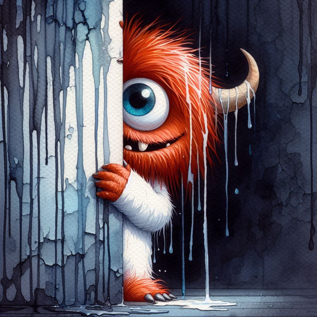 Low key wet dripping watercolor of a mischievous monster peaking around a corner with only one ugly eye visible and head slanted, around cor...