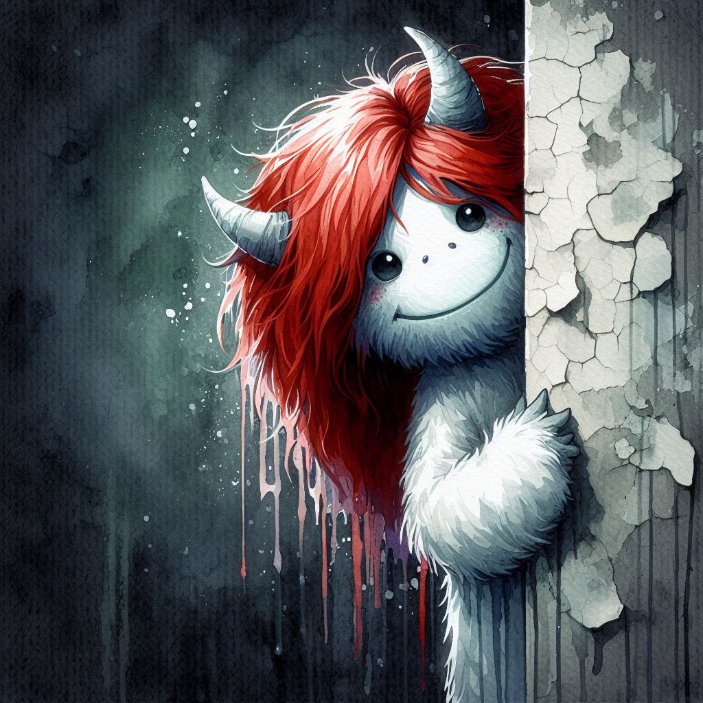 Low key wet dripping watercolor of a mischievous monster peaking around a corner with only one ugly eye visible and head slanted, around cor...