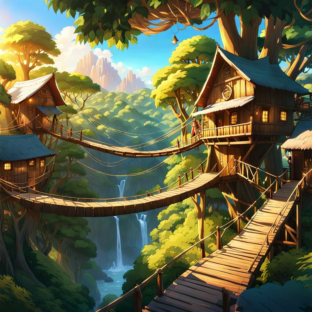 Village Of Tree Houses Linked By Rope Bridges - Ai Generated Artwork 