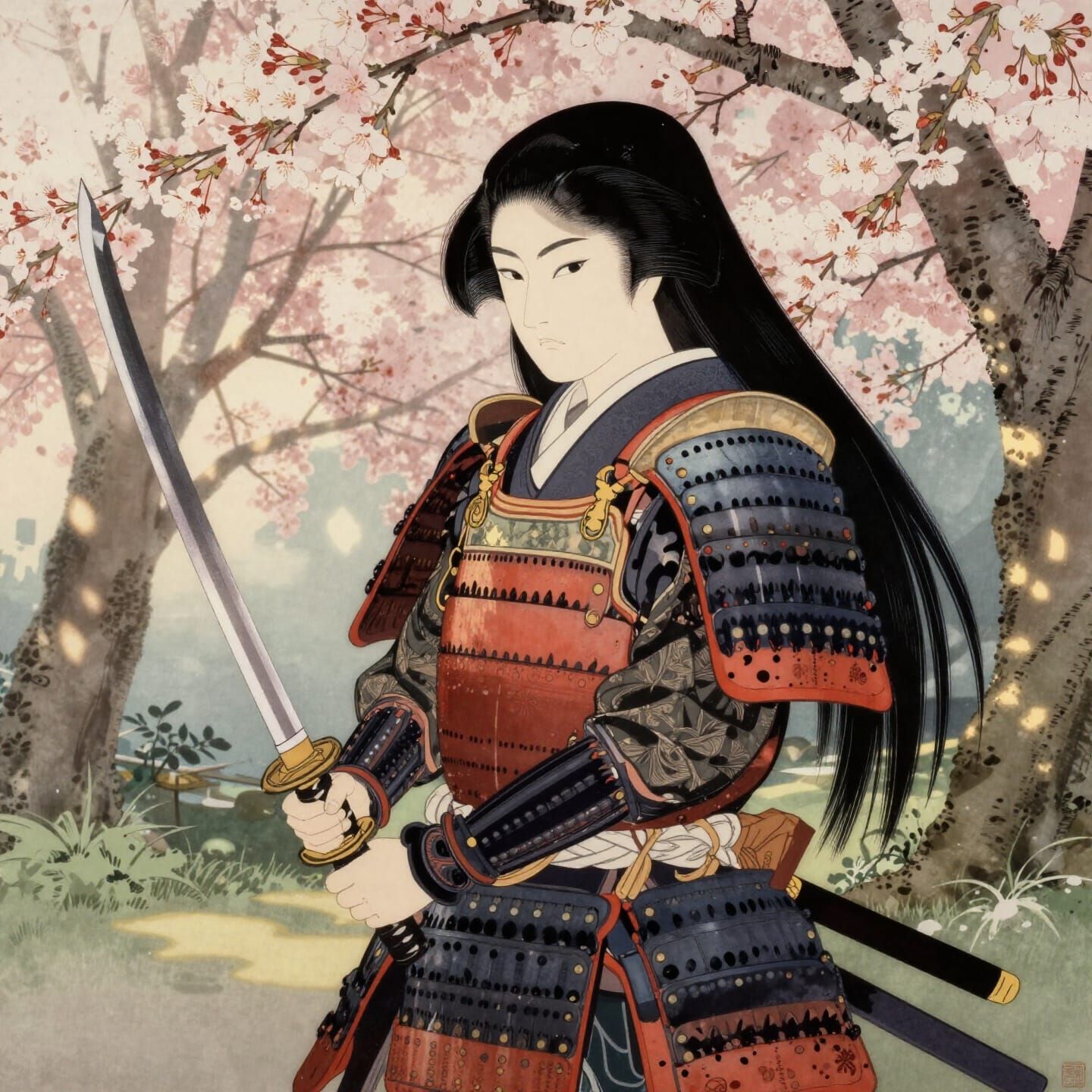 Onna-Bugeisha Warrior in Cherry Blossom Garden Ukiyo-e Style