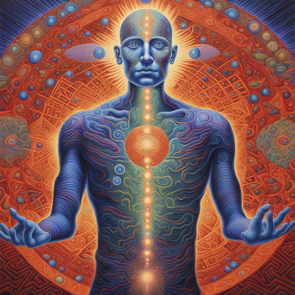 striking painting by Alex Grey featuring a mans figure adorned with vibrant  pixelations all over body embodying his signature visionary styl... - AI  Generated Artwork - NightCafe Creator