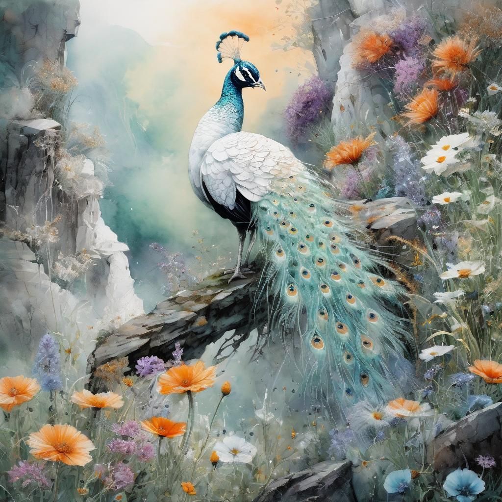 Peacock  on cliff ,wild flowers  by @Citrus Gardenia