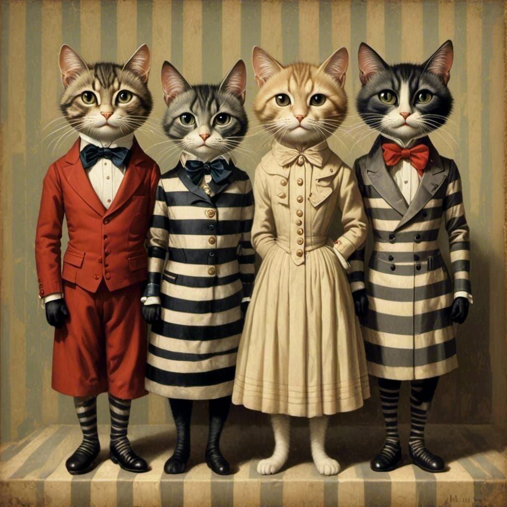 Surrealistic painting of cats standing next to each other