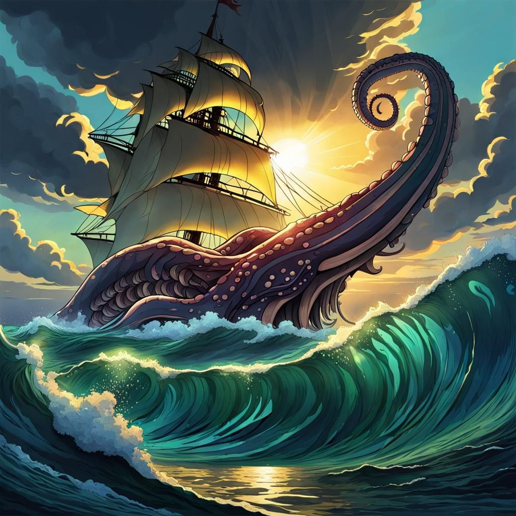The Mythical Kraken Monster, Ocean, Sun, Sunrays, Clouds, Ra...