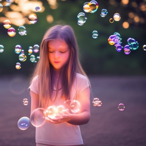 girl in a park at dusk making soap bubbles, but the bubbles ...